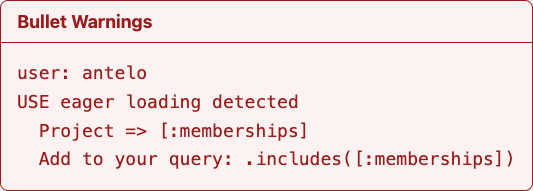 Bullet flagging an N+1 query in the app footer